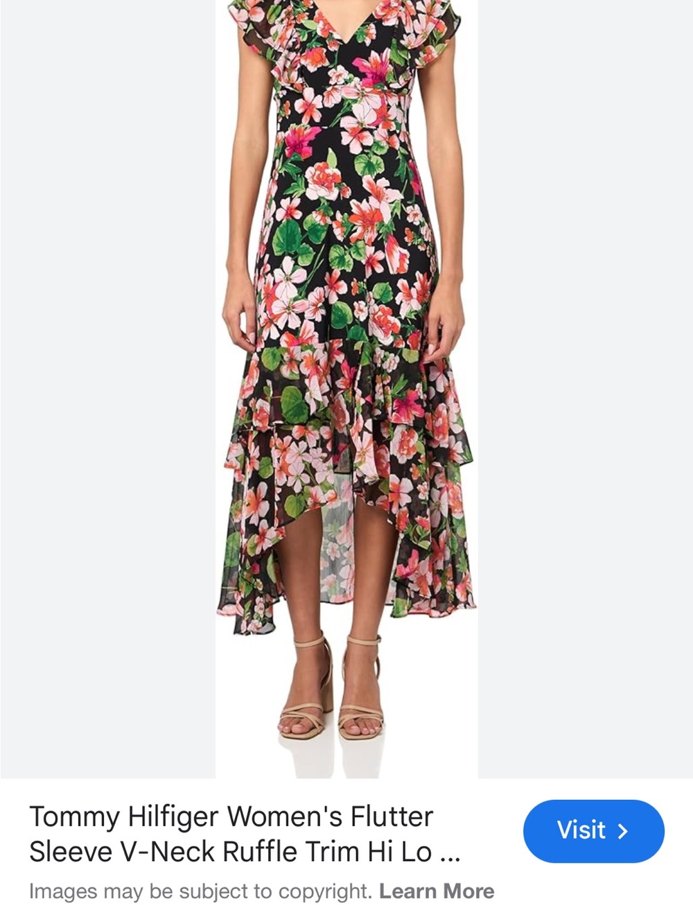 Tommy Hilfiger Black Floral Hi-Low Ruffle Skirt with Pink & Green Blooms